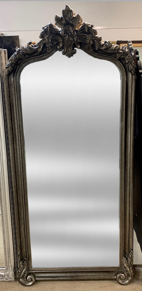 Silver ornate topped rectangular mirror
